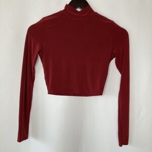 PrettyLittleThing Maroon Slinky High Neck Long Sleeve Crop Top Size 2